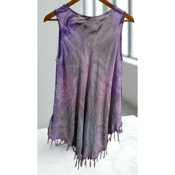 Olive Free Size Tie Dye Boho Tunic Dress Rayon India Purple Fringe Hem - Picture 2 of 4
